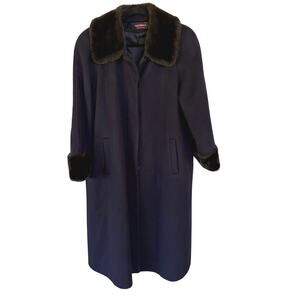 Vintage Navy Pennylane Long Coat Faux Fur Collar Wool Blend Formal Winter